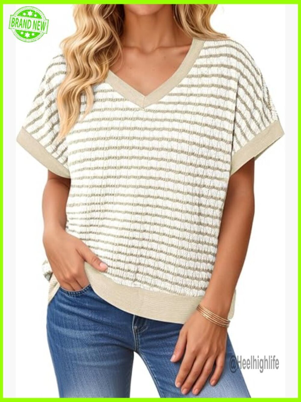 V-Neck Short Sleeve Tee, Loose Fit Knit Top, Casual Summer T-Shirt